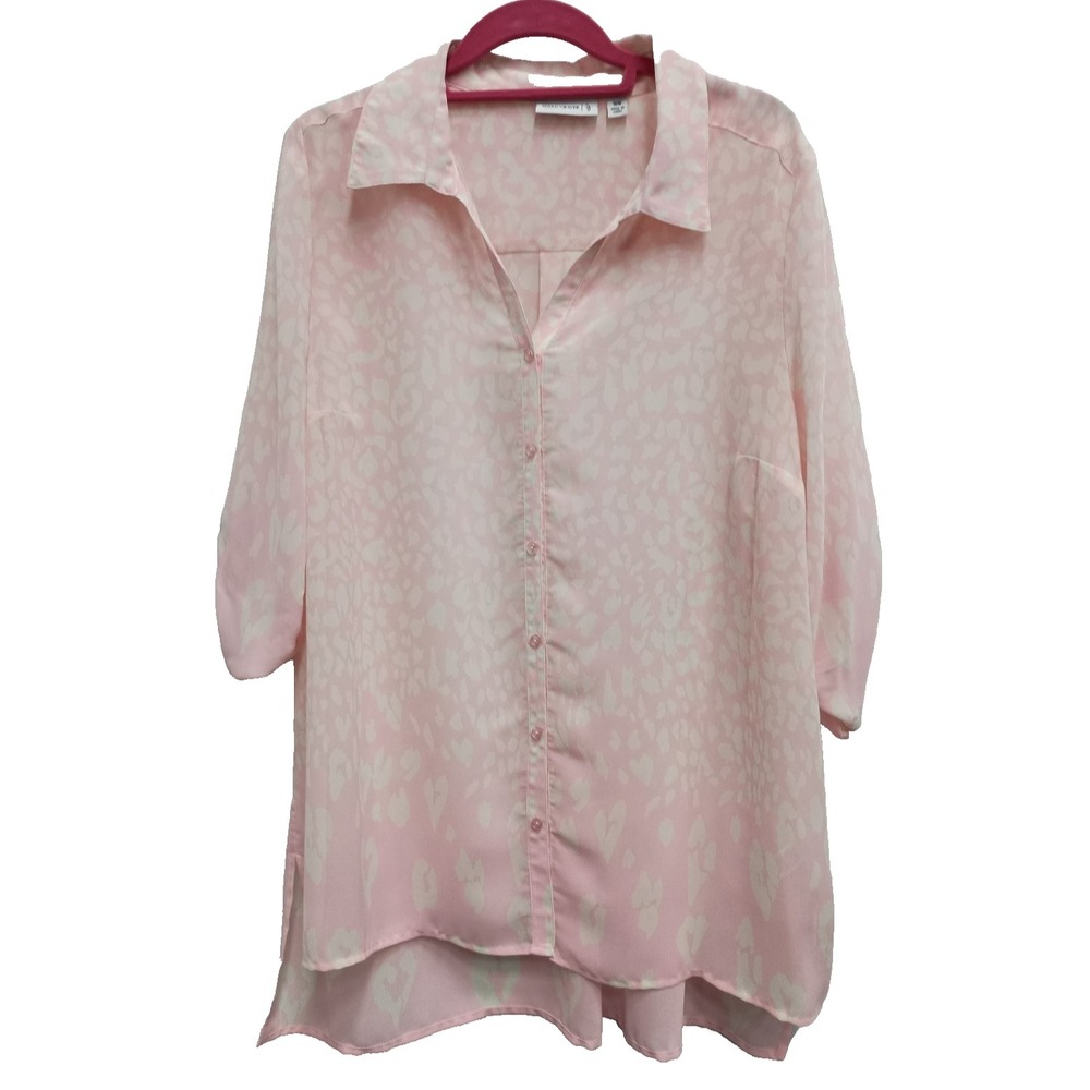 Susan Graver Womens Shirt Size 18W Pink Animal Print 3/4 Sleeve Button up Casual